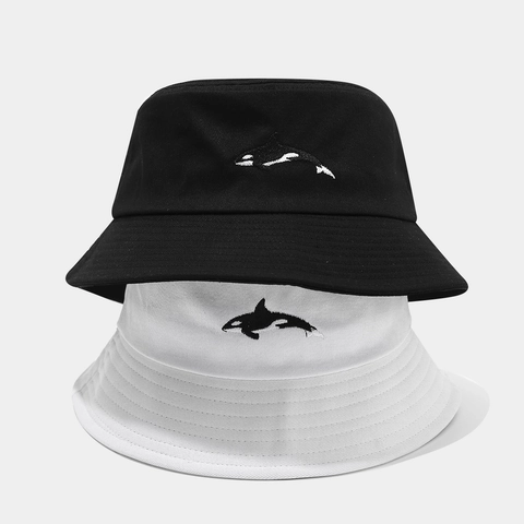 Bucket Hat Cotton Orca Embroidered Sun Protection Foldable Outdoor Casual For Men Women