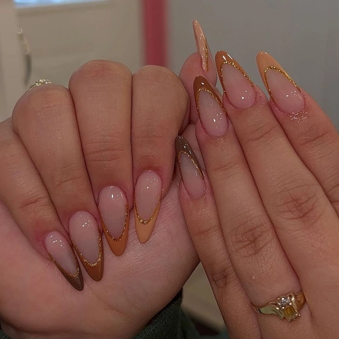 Almond Press On Nails French Maillard Coffee Brown Gradient Gold Glitter Edged Elegant Fashionable Manicure Women