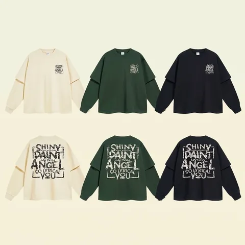Herren Oversize Langarmshirt Reiner Baumwolle Schweres Layered Design Grafikdruck Streetwear Retro Rundhals