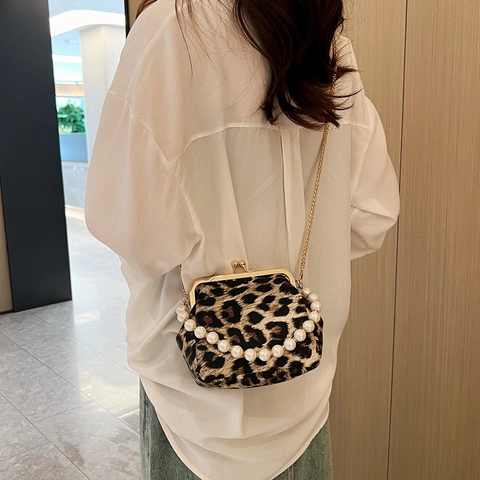 Borsa A Spalla Animalier Retrò Donna Pelle PU Manico Di Künstliche Perle Chiusura A Scatto Borsa A Mano Sottobraccio Di Moda Con Catena Metallica