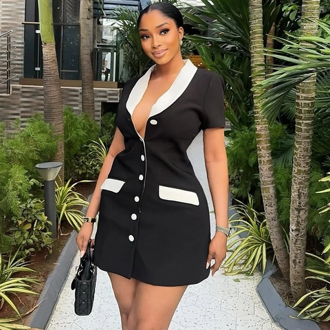 Damen Mini Kleid Im Blazer Stil Kontrastfarben Kurzarm Schmale Passform Einreihiger Reverskragen Elegant