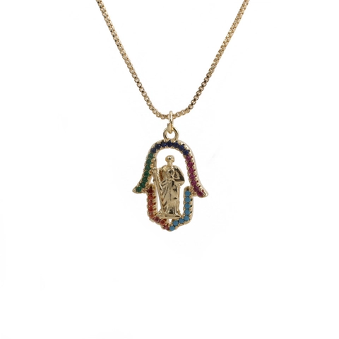 Religiöse Jungfrau Maria Anhänger Halskette Gold Vergoldetes Kupfer Mit Bunten Zirkon Hamsa Hand Schmuck Für Damen