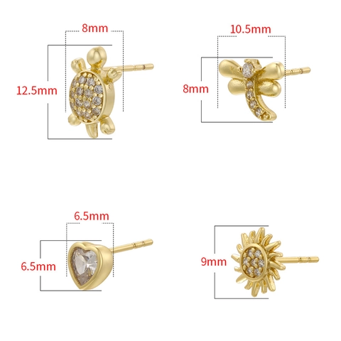 Lindos Pendientes de Botón de Cobre Bañados en Oro Plata con Circonia para Mujer Tortuga Libélula Corazón Girasol Joyería