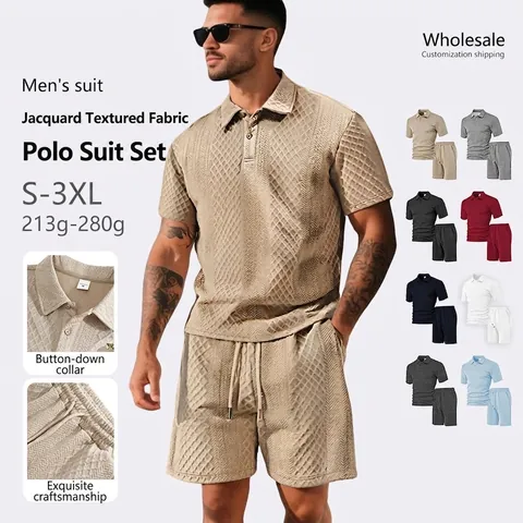 Herren Polohemd Und Shorts Outfit Waffelstrick Jacquard Kurzarm Revers Lässig Sommer Urlaub Kleidung