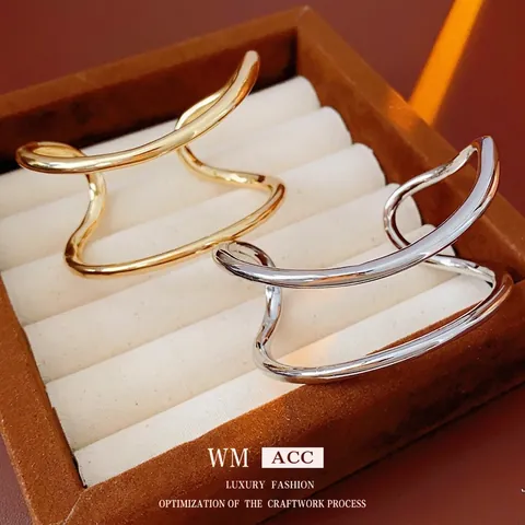Irregular Wave Double Layer Open Bangle Bracelet Alloy Minimalist Designer Hand Jewelry For Women