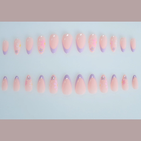 Press On Nails Almond Shape French Purple Tip Daisy Floral Pattern Sweet Fresh Full Cover False Nails For Women