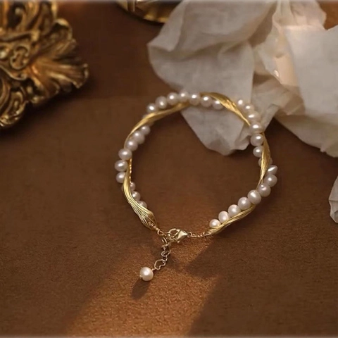 Handgeweven Zoetwaterparel Armband Retro 14K Goud Gevuld Verstelbare Armring Sieraden Voor Dames Elegant Cadeau