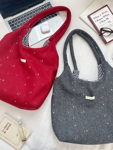 Sac Fourre-tout En Laine À Motif Étoiles Style Coréen Grande Capacité Sac À Main Décontracté Avec Doublure Gingham Pour Femmes
