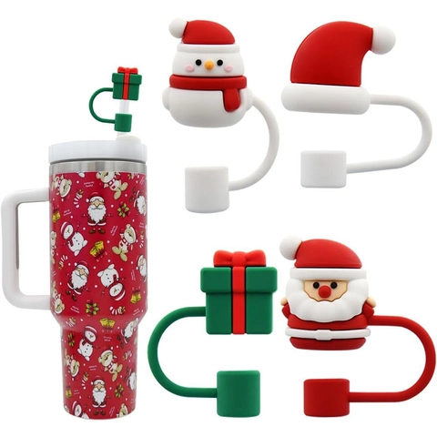 Christmas Straw Cover Caps Silicone Dustproof Plug Reindeer Santa Snowman Decorative Drinking Accessories For Cups