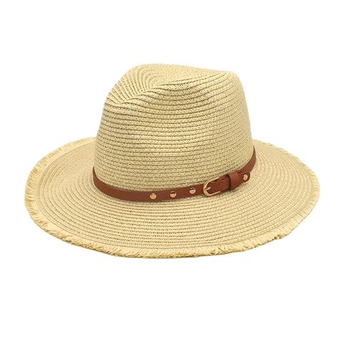 Cappello Di Paglia Fedora Protezione Solare Traspirante Bordo Sfilacciato Frange Rivetto Cinturino In Pelle PU Spiaggia Vacanze
