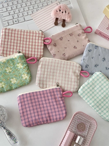 Mini Tragbare Geldbörse Polyester Karo Blumen Reißverschluss Aufbewahrungstasche Für Frauen Mädchen Lippenstifte Reise Stil