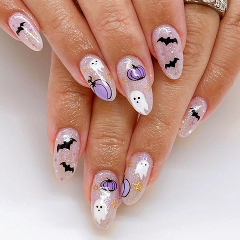 Halloween Press On Nails With Ghost Pumpkin Bat Patterns Glitter Pink Short Round Festive Nail Art For Women