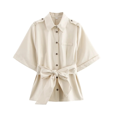 Damesoverhemd Met Korte Mouwen Met Riem Safari Stijl Reverskraag Elegant Casual Abrikoos Blouse