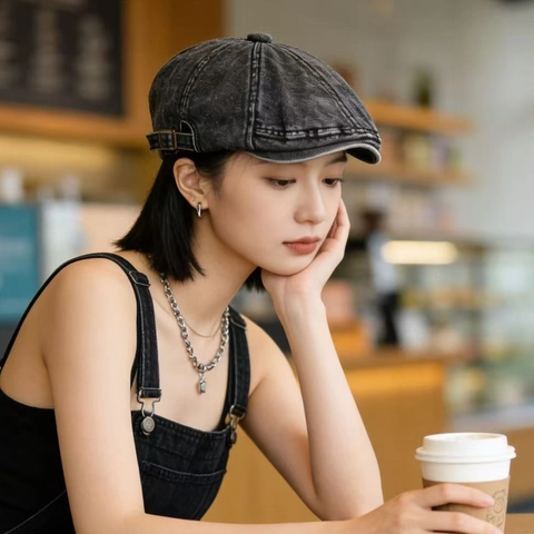 Washed Denim Newsboy Cap Vintage Octagonal Hat Adjustable Sun Protection Casual Beret For Men Women Retro Style