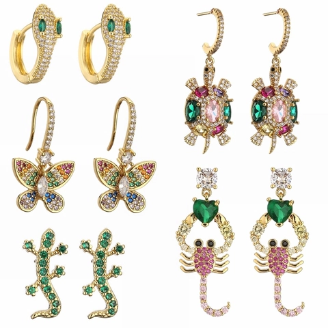 Exaggerated Copper Zirconia Animal Shaped Dangle Earrings Creative Scorpion Turtle Butterfly Snake Lizard Stud Earrings