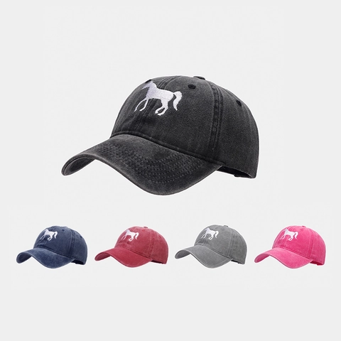 Washed Cotton Baseball Cap With Vintage Horse Embroidery Adjustable Metal Buckle Sun Protection Outdoor Sport Hat For Men And Women