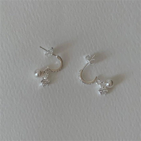 Orecchini A Cerchio Pendenti Con Künstliche Perle E Zircone Con Perno In Argento Sterling 925 Moda Coreana Elegante Per Donna