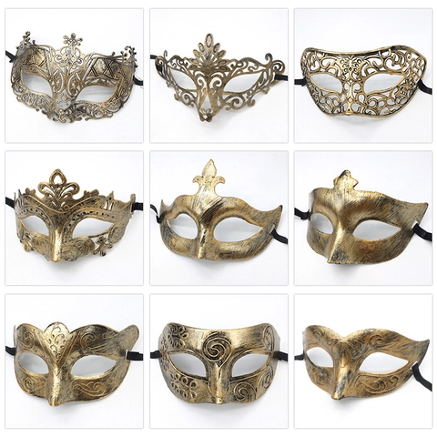 Vintage Masquerade Mask Venetian Half Face Plastic Antique Bronze Black Hollow Cutout For Halloween Carnival Party Women Men