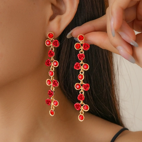 Pendientes Largos De Borla Con Flor De Rosa Aleación Strass Con Poste De Plata De Ley 925 Elegante Para Mujer