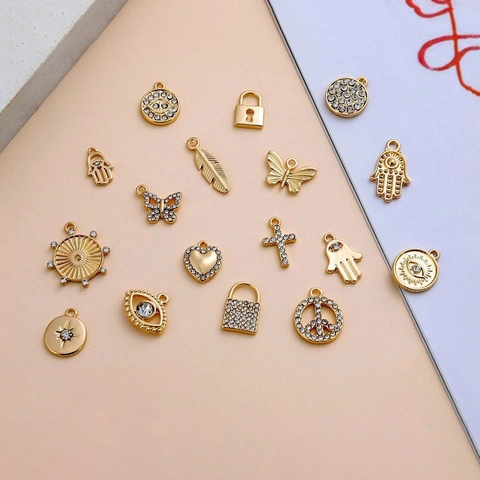 Gold Plated Alloy Rhinestone Charms Pendants For DIY Jewelry Making Hamsa Evil Eye Butterfly Heart Cross Lock Novelty