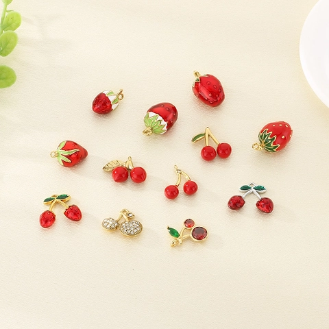 Strawberry Cherry Fruit Pendants Stainless Steel Enamel Rhinestone Charms For DIY Necklace Earrings Jewelry Making