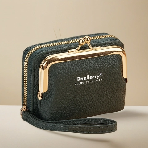 Mini Women Wallet PU Leather Litchi Texture Kiss Lock Zipper Accordion Card Holder With Wristlet Vintage Style