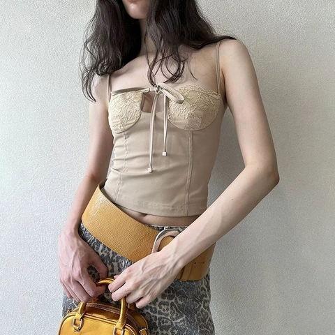 Sexy Lace Patchwork Camisole Tank Top Slim Fit Cropped Spaghetti Straps Bow Tie Vintage Corset Style For Women