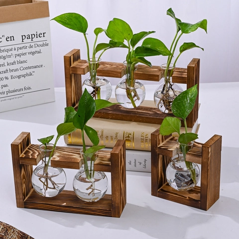 Vaso Idroponico Con Supporto In Legno Massiccio E Terrario In Vetro Porta Piante Da Tavolo Arredamento Retro Cuore Diamante Sfera