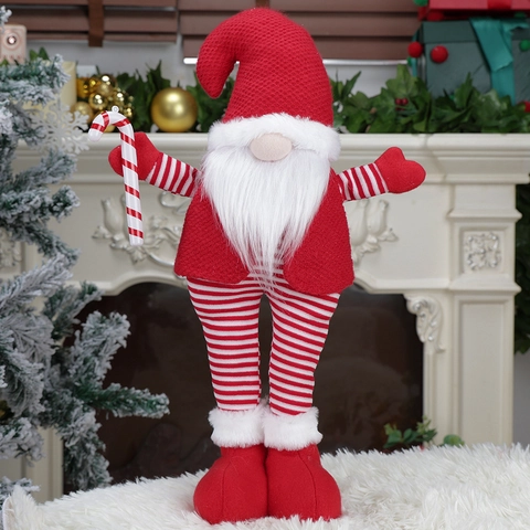 Nain De Noël En Peluche Jambes Télescopiques Rudolph Tomte Ornement Chapeau Tricoté Rouge Barbe Blanche Canne En Sucre
