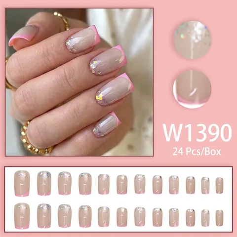Unghie Press On French Tip Rosa ABS Unghie Finte Quadrate Con Glitter Luccicanti Per Manicure Fai Da Te Donna