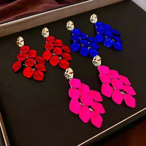 Vintage Layered Petal Tassel Dangle Earrings Alloy Acrylic Flower Jewelry With Silver Earring Post For Women