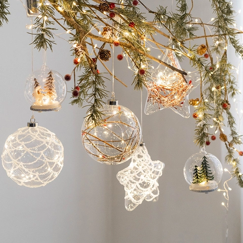 Glowing Glass Christmas Ball Star Ornaments LED Hanging Light Micro Landscape Reindeer Tree Window Holiday Festive Decor