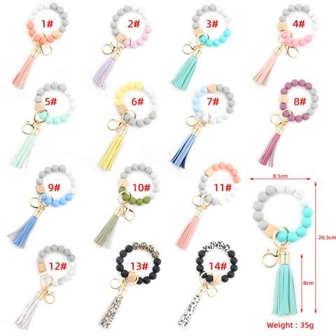 Portachiavi Bracciale Con Perline In Silicone Con Legno Di Faggio E Nappa In Pelle Stampa Marmo Per Donne