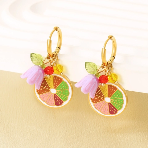 Fruit Lemon Slice Flower Dangle Hoop Earrings Stainless Steel Enamel Colorful Beads Summer Sweet Jewelry For Women
