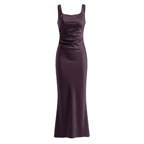 Satin Maxi Dress Spaghetti Strap Backless Lace Up Ruched Sexy Evening Gown Party Cocktail Wedding Guest Elegant For Women