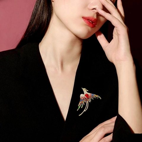 Elegante Spilla a Forma di Fenice in Stile Cinese Smalto Lega Strass Uccello per Donna Gioielli di Moda Animale Vintage