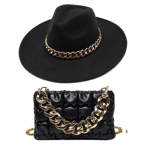 Cappello Fedora A Tesa Larga E Borsa A Tracolla Trapuntata Combinazione Con Decorazione Catena Dorata Feltro Di Lana Pelle PU