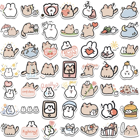 60 Pièces Mignons Autocollants Chat Lapin Dessin Animé Imperméable PVC Décalcomanies Pour Journal Scrapbooking Ordinateur Portable