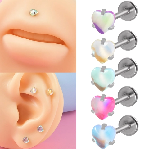 Heart Shaped Lip Ring Labret Stud Stainless Steel Internally Threaded Iridescent Stone Piercing Jewelry Fashion Women Men