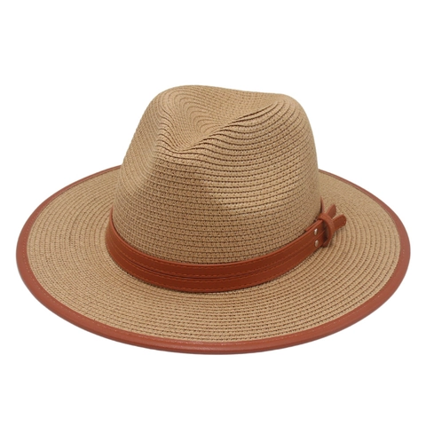 Ψάθινο Καπέλο Fedora Panama Αναπνεύσιμο Προστασία Από Τον Ήλιο Μεγάλο Γείσο Δερμάτινη Ζώνη Διακόσμηση Με Πριτσίνια Καλοκαίρι Παραλία