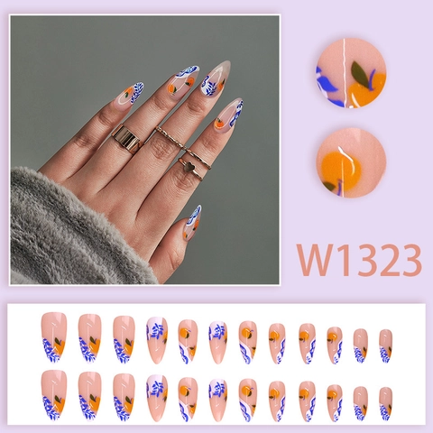 Uñas Postizas Largas Almendra Diseño Fruta Naranja Hoja Azul Cobertura Completa Uñas Artificiales Plástico