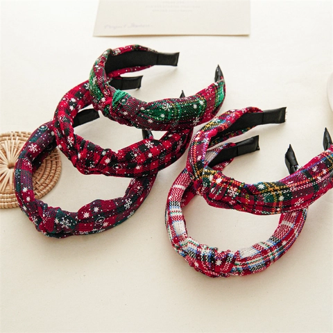 Christmas Knotted Headband Snowflake Print Tartan Plaid Wide Fabric Hairband Festive Winter Party Hair Accessories For Women