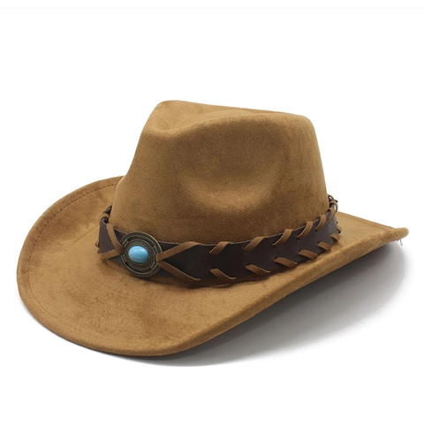 Western Cowboy Hat Vintage Suede Felt Wide Brim Jazz Hat With Woven Leather Band And Turquoise Ethnic Bohemian Style