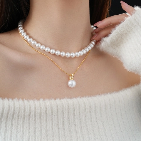 Double Layered Imitation Artificial Pearl Necklace Gold Plated Copper Round Pendant Jewelry For Women Elegant French Retro Style