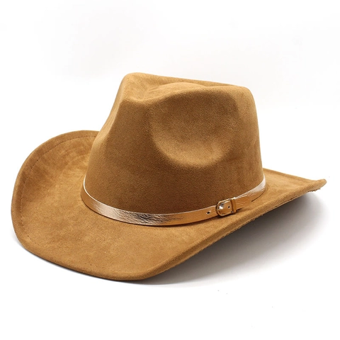 Western Cowboy Hat Suede Polyester Wide Brim Fedora Gold Metal Buckle Belt Outdoor Sun Protection For Men Women