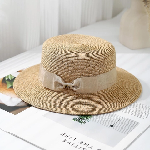 Women French Boater Straw Hat Flat Top Beach Vacation Sun Protection Elegant Ribbon Bow Straw Sunhat