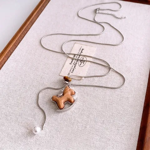 Collana Lunga Da Maglione Con Ciondolo Cavallo A Dondolo Legno Rame Perla Artificial Bianca Occhio Di Tigre Gioiello Casual Per Donne