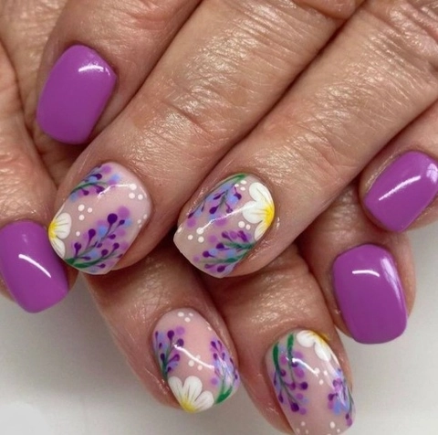 Lila Lavendel Sonnenblume Floral Aufklebe Nägel Kurz Quadratisch Glänzend Falsche Nägel Künstliche Fingernägel Für Damen