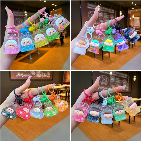 Cartoon Character Quicksand Keychain Liquid Filled Acrylic Bag Pendant Glitter Sequin Bell Decor Novelty