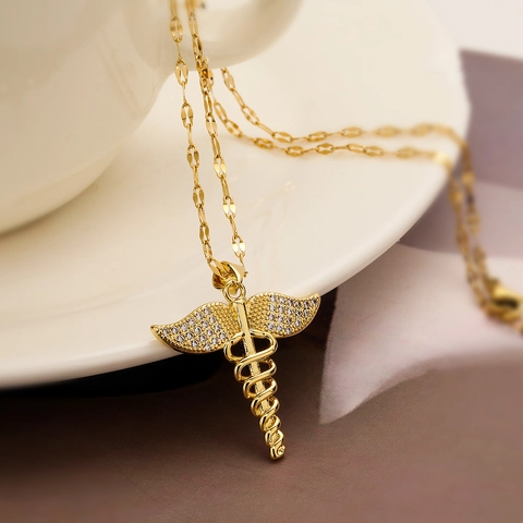 Caduceus Peace Dove Cross Pendant Necklace Copper Gold Plated Zircon Inlaid Minimalist Trendy Jewelry